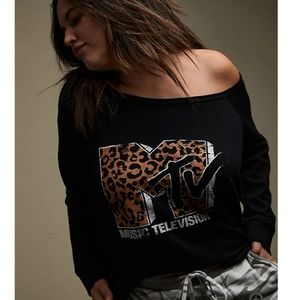 Torrid MTV LEOPARD & BLACK TERRY OFF SHOULDER SWEA